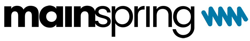 mainspring corporate logo, black text with blue spring, transparent
