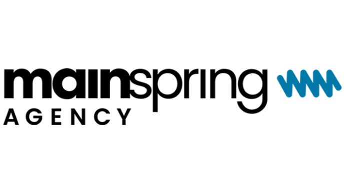 mainspring agency logo, black text with blue spring, transparent